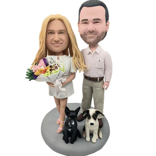 Custom Bobblehead Young Couple with 2 Pets Doll